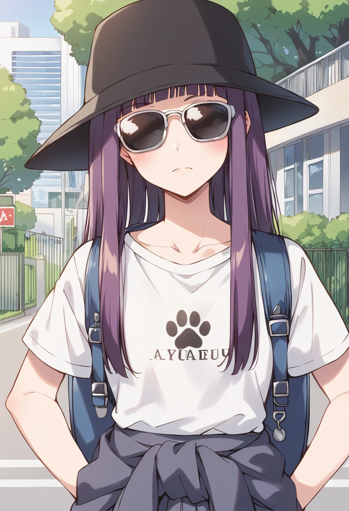 score_9, score_8_up, score_7_up, source_anime, BREAK
fujiwara zakuro, 1girl, (sunglasses, opaque glasses, no eyes:1.2), pinwheel, white shirt, clothes around waist, t-shirt, bucket hat, BREAK
camera, purple hair, backpack, solo, outdoors, blunt bangs, tree, day, blush, collarbone, short sleeves, closed mouth, jacket around waist, very long hair, clothes writing, frown, railing, drawing, building, facing viewer, print shirt, fence, sidelocks, road, sweater around waist, sweater, blue flower, anime coloring, casual, street, upper body, shoulder bag, park, looking at viewer, blurry background, black headwear, hime cut, depth of field, paper, skirt, house, brand name imitation, paw print
<lora:mew_zakuro_fujiwara_zakuro_sdxl_locon_pony_v1:0.7>