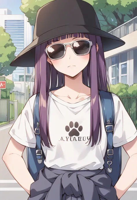 score_9, score_8_up, score_7_up, source_anime, BREAK
fujiwara zakuro, 1girl, (sunglasses, opaque glasses, no eyes:1.2), pinwheel, white shirt, clothes around waist, t-shirt, bucket hat, BREAK
camera, purple hair, backpack, solo,  outdoors, blunt bangs, tree, day, blush, collarbone, short sleeves, closed mouth, jacket around waist, very long hair, clothes writing, frown, railing, drawing, building, facing viewer, print shirt, fence, sidelocks, road, sweater around waist, sweater, blue flower,  anime coloring, casual, street, upper body, shoulder bag, park, looking at viewer, blurry background, black headwear, hime cut, depth of field, paper, skirt, house, brand name imitation, paw print
<lora:mew_zakuro_fujiwara_zakuro_sdxl_locon_pony_v1:0.7>