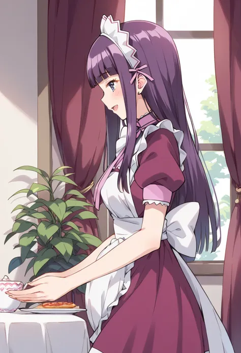 score_9, score_8_up, score_7_up, source_anime, BREAK
fujiwara zakuro, waitress, 1girl, solo, long hair, purple hair, maid, maid headdress, open mouth, blue eyes, from side, profile, maid apron, table, blunt bangs, purple eyes, white apron, puffy short sleeves, indoors, sitting, plant, smile, frills, pink ribbon, curtains, purple dress, sidelocks, :d, frilled apron, anime coloring, plate, standing, enmaided, breasts, pink neckwear, eyelashes, straight hair, shiny hair, hime cut, pink bow, pink dress, cowboy shot, own hands together, window, leaf, waist apron, ivy, neck ribbon, red dress, hair ribbon, necktie, hands up, purple ribbon, blush, white bow, back bow, choker
<lora:mew_zakuro_fujiwara_zakuro_sdxl_locon_pony_v1:0.7>