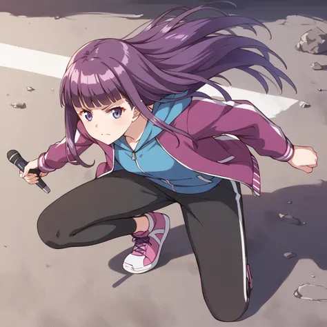 score_9, score_8_up, score_7_up, source_anime, BREAK
fujiwara zakuro, 1girl, solo, purple hair, blue eyes, microphone, sneakers, black pants, letterman jacket, full body, torn clothes, looking at viewer, eyelashes, closed mouth, sidelocks, blunt bangs, very long hair, rock, open jacket, serious, long sleeves, outdoors, purple eyes, fighting stance, shadow, shiny hair, casual, hood down, hime cut, floating hair, v-shaped eyebrows, frown, holding microphone, hooded jacket, blue hoodie, drawstring, black legwear, track pants, shirt, multicolored jacket, purple footwear, sweater, purple jacket, track suit, anime coloring, straight hair, pink footwear, blunt ends, black pantyhose, leggings, on one knee, debris
<lora:mew_zakuro_fujiwara_zakuro_sdxl_locon_pony_v1:0.7>