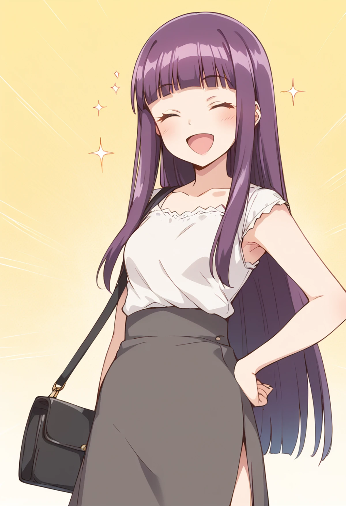 score_9, score_8_up, score_7_up, source_anime, BREAK
fujiwara zakuro, purple hair, closed eyes, open mouth, smile, 1girl, hand on hip, :d, white shirt, handbag, solo, blunt bangs, grey skirt, collarbone, ^ ^, long skirt, shoulder bag, short sleeves, facing viewer, yellow background, standing, black skirt, side slit, very long hair, shiny hair, high-waist skirt, eyebrows visible through hair, casual, armpit peek, sidelocks, happy, blouse, simple background, black bag, dress, arm at side, cowboy shot, ^o^, straight hair, sleeveless shirt, emphasis lines, sparkle, white blouse, blush, gradient background, laughing, bare arms, small breasts, eyelashes, hand on own hip,
<lora:mew_zakuro_fujiwara_zakuro_sdxl_locon_pony_v1:0.7>
