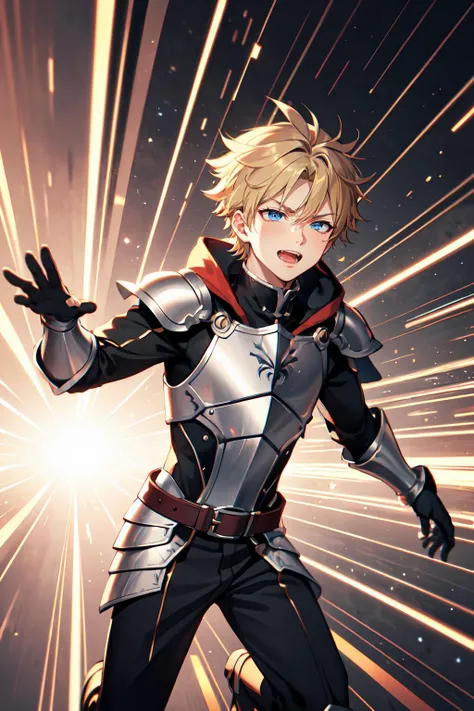 <lora:warp:0.3> (warp,floating,warp space,motion lines,vanishing point,light rays),motion blur,cowboy shot,gradient background,reaching,looking at viewer, running, arms up, hands up, open mouth, angry, running, standing on one leg, (1boy:2), red theme,leaning forward,, ultra detailed, masterpiece, best quality, aesthetic, detailed,, solo, smile, 1boy, blue eyes, medium blonde hair, parted bangs, hair intakes, male focus, muscular male,, armor, pauldrons, cuirass, gauntlets, waist cape, greaves, black bodysuit, surcoat, shoulder sash, wing shoulder armor, cape, pants,