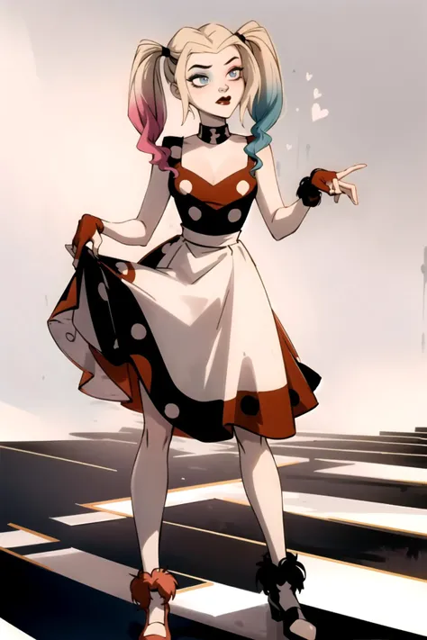 <lora:harleytv:1> h4rl3y, 1girl, twintails, The Playful Pin-Up: A retro-inspired polka dot dress with a sweetheart neckline, cinched waist, and full skirt, paired with peep-toe heels and a headscarf