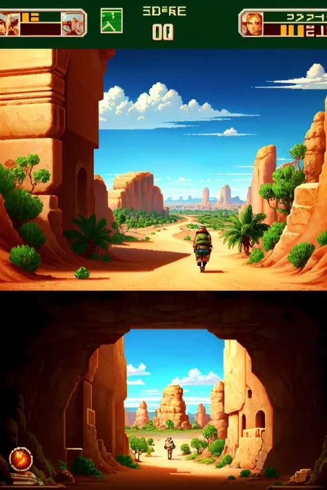 best quality, masterpiece, gameplay, pixelated, heads-up display, text, health bar, a group of travelers journey through a magical desert to find a hidden oasis, <lora:GenesisGameplayV1:1>