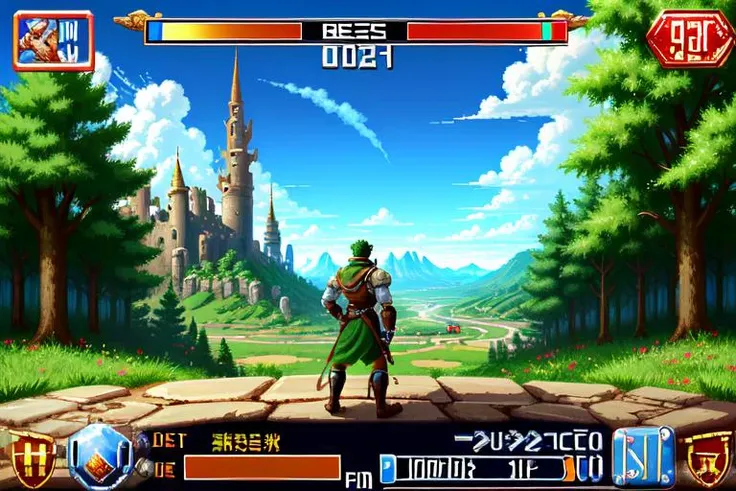 best quality, masterpiece, gameplay, pixelated, heads-up display, text, a cursed prince seeks redemption, <lora:GenesisGameplayV1:1>