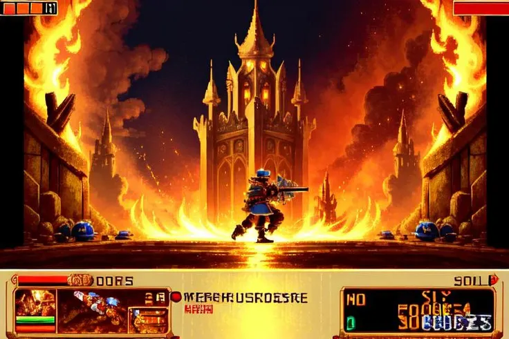 best quality, masterpiece, gameplay, pixelated, heads-up display, text, a kingdom under attack by dark forces, <lora:GenesisGameplayV1:1>
