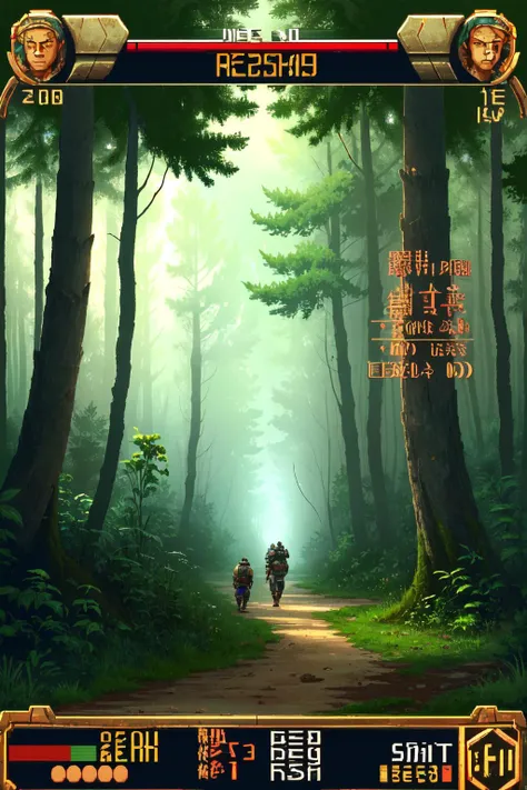 best quality, masterpiece, gameplay, pixelated, heads-up display, text, health bar, a group of adventurers explore a mysterious and dangerous forest, said to be haunted by spirits, <lora:GenesisGameplayV1:1>