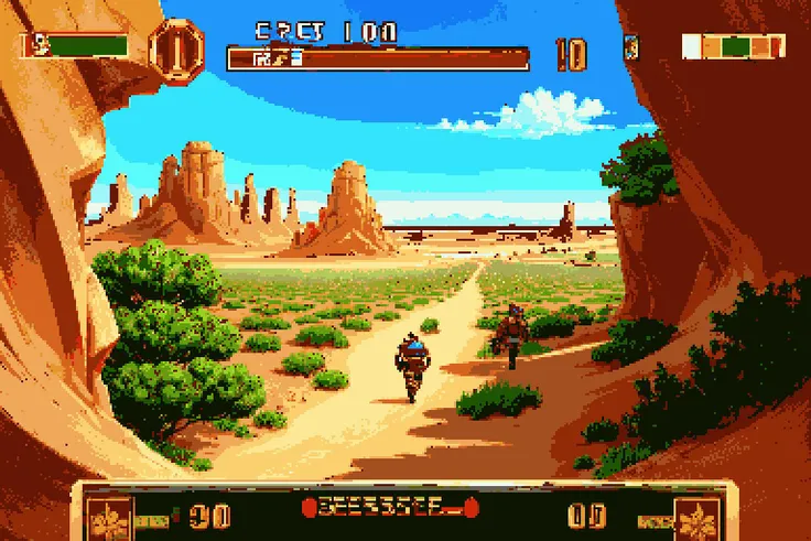 best quality, masterpiece, gameplay, pixelated, heads-up display, text, health bar, a group of travelers journey through a magical desert to find a hidden oasis, Magician,<lora:GenesisGameplayV1:1>