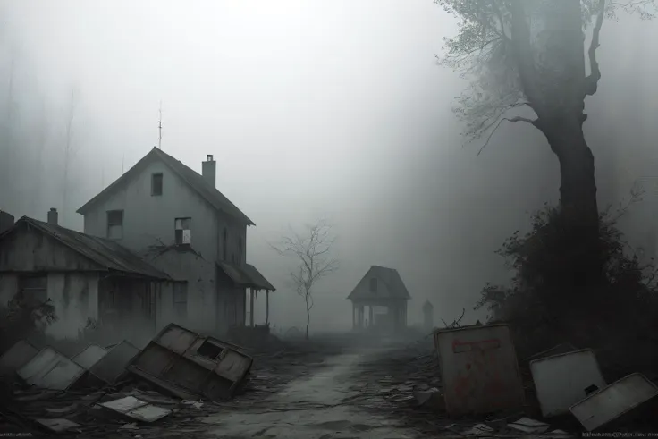 masterpiece, best quality, 4k, no humans, village, Sun bleeding through thick trees, horror, abandoned, landscape, muted color, silent hill style, fog, mist, debris, <lora:SilentHillStyle:0.4>, lvcrftn, <lora:lvcrftn:0.5>, Establishing shot