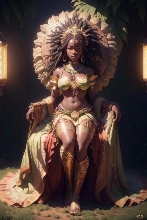 ((Best quality)), ((masterpiece)), ((realistic)), (1 girl: 1.5), 8K, high resolution detailed vector illustration of an African Goddess of weed, full body anatomically correct, marijuana background, epic cinematic + extremely high detail + realism, glowing accents, Dramatic lighting. cinematic, photography, natural skin, delicate, detailed, photo realistic, beauty photography, Studio Ghibli 4k