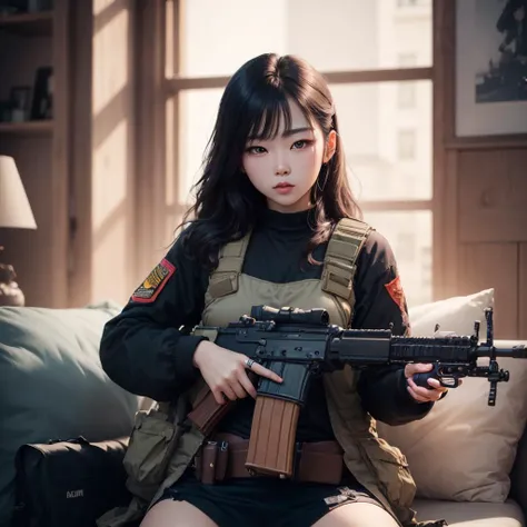in a panoramic view,photorealestic,Modern style,Blue sky,baiyun,The helicopter is in the air,Military base in the desert,tanks,army car,3girl,Wear modern Chinese military uniforms,Desert yellow camouflage uniform,Wearing black leather high-tech Chinese body armor,A large number of electronic devices hang on the body,Wearing a black berets,All-inclusive black hood,Only the eyes are exposed,Wear a Chinese sabre,Carry a pistol,Carry an automatic rifle,Stand guard in front of the base,Sharp eyes,professinal,Meistwick,commissioned,best qualtiy,color corrected,After fixation,Retouching,Improvement,Epic,Tone-mapping,the detail, highly detailed, digitial painting, art stations, Conceptual map of the long dam, Smoothness, Sharp focus, Beautiful illustration, photore, The light from the back window is backlighted, 动态照明, Mist, 复杂, cinematic grain, professinal, face to the viewer,(Beautiful m3d_woman, Perfect M3D_face,), Volumetriclighting, subsurfacescattering, Good highlights, Good shadows, cinematic ligh
