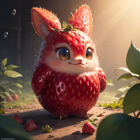 ((masterpiece:1.3,concept art,best quality)),very cute appealing anthropomorphic strawberry,looking at the viewer,big grin,happy,fruit,berry,droplets,macro,sunlight,fantasy art,dynamic composition,dramatic lighting,epic realistic,award winning illustration