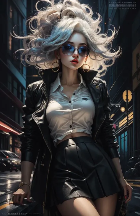 (soft light: 1.2), (cinematic masterpiece), (cinematic spotlight), beautifully detailed glow, ambient shading, ambient light, ray tracing reflections, (better lighting, extremely soft and beautiful), ((cinematic light)), (soft), cover magazine featuring a sexy girl as the central character. She stands confidently in the center of the page with a pretty face, white hair, purple eyes, sexy legs, wearing a stylish (sexy school uniform), black high heels, black school jacket, (mini black skirt), earrings, The color palette is mainly dark with splashes of vibrant colors, giving the poster a dynamic and visually striking appearance,tachi-e (magazine:1.3), (cover-style:1.3), fashionable, woman, vibrant, outfit, posing, front, colorful, background,striking, modern, trendy, fashion, ((focus)) , <lora:beautifulDetailedEyes_v10:1.5>