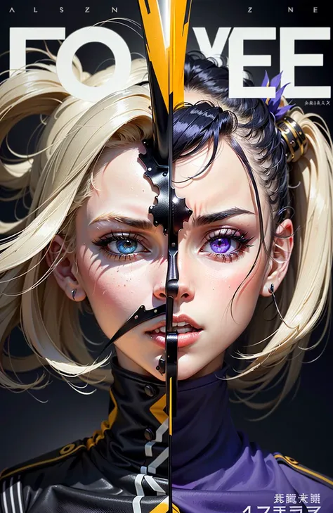 ((((dramatic))), (((intense))) cover magazine sexy girl with, a pretty face, white hair, purple eyes,(((sexy school uniform))) as the central character.giving the poster a dynamic and visually striking appearance,tachi-e (magazine:1.3), (cover-style:1.3), fashionable, woman, vibrant, outfit, posing, front, colorful, dynamic, background, elements, funny, expression, statement, accessory, majestic, coiled, around,