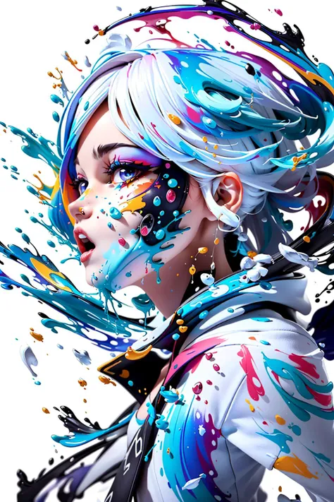 realistic sexy girl with a pretty face, white hair,  purple eyes,(((sexy school uniform))), wearing a stylish very sexy school uniform, with a funny expression on her face. The background is [(white background:1.2),::5] lines ,  (cover-style:1.3), fashionable, woman, vibrant, dynamic,funny