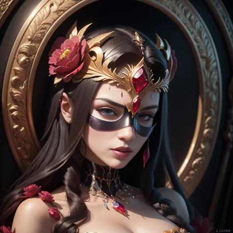 a close up of a person wearing a costume, behance contest winner, fantasy art, crown of giant rubies, 3 d goddess portrait, in the style of ross tran, ((wearing a bejeweled mask)), devotion to the scarlet woman, portrait of a holy necromancer, in style of stanislav vovchuk, lilith, depicting a flower