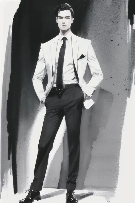 bissett, illustration, ink watercolor, white background,
solo, simple background, shirt, black hair, 1boy, white background, standing, jacket, full body, male focus, necktie, shoes, collared shirt, pants, phone, formal, suit, spot color, hand in pocket, limited palette,
 <lora:bissett-02:0.9>