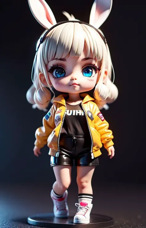 (8k, RAW photo, best quality),(masterpiece),(best quality),(ultra-detailed), (full body:1.2), masterpiece:1.2 ),((black background)),IP, figma, 3D, C4D, OC, 1girl, Chibi, cute, rabbit ear hairpin, white bangs hair, sunglasses, (beautiful and detailed face), (beautiful and detailed eyes), cyberpunk, fluorescent jacket, black shorts, famous shoes, Martin boots, solo, Cyberpunk, fluorescent, <lora:blindbox_V1Mix:1>