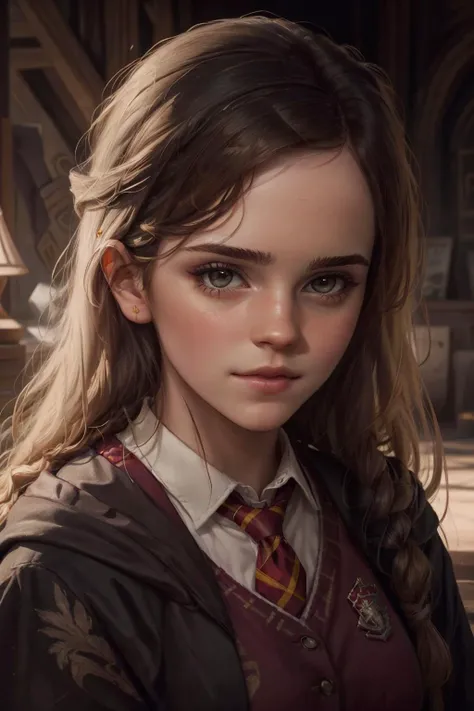 masterpiece, best quality, 8k, perfect lighting, cinematic lighting, adult, mature, female, 1girl, solo, solo, looking at viewer, (RSEEmma:0.8), <lora:MISC-GlossyFace:0.3>, <lora:CHAR-EmmaWatson:0.4>, (emma watson:1.1), portrait, upper body, blush, <lora:CLOTHES-HogwartsUniform:0.3>, hogsks, gryffindor, hogwarts school uniform, black robe, tie,