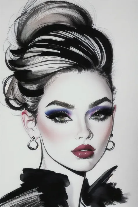 bissett, illustration, ink watercolor, white background,
1girl, solo, simple background, white background, signature, lips, eyelashes, makeup, traditional media, lipstick, eyeshadow, eye focus,
<lora:bissett-02:0.9>