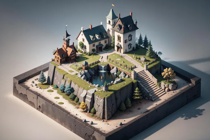 [(simple background:1.5),::5], (isometric 3d art of floating rock citadel),  cobblestone,  stone road and hill with a small waterfall on top, intricate details, ultra realistic, illydic BREAK
masterpiece, best quality, highres, ultra detailed, extremely clear, absurdres, detailed lighting