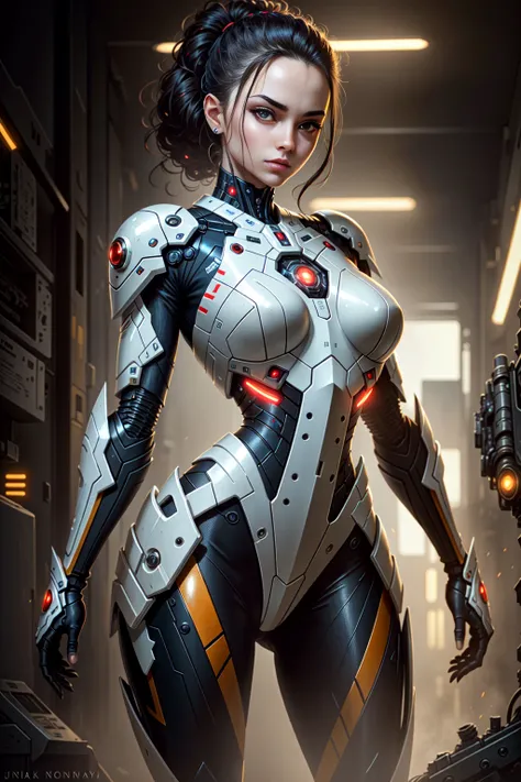 ((best quality)), ((masterpiece)), (detailed), Midjourney Style, close-up, woman, robot, red eyes, concept art, inspired by Marek Okon, digital art, Crysis Nanosuit, futuristic, (glowing elements:1.1), 4:3 aspect ratio, dynamic duo, <lora:flonixMJStyle_v10:0.3>