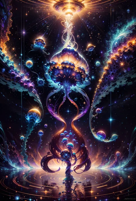 (masterpiece, best quality:1.2) abstract style cosmic ballet of celestial bodies dancing across a swirling vortex of stars, their movements echoed by the graceful movements of jellyfish-like creatures floating in the cosmic sea, (celestial dance:1.4), (swirling cosmic vortex:1.5), (graceful celestial bodies:1.4), (jellyfish-inspired cosmic creatures:1.5), (ethereal cosmic sea:1.2), (interstellar ballet choreography:1.3), (starry movements and echoes:1.1), (hypnotic cosmic spectacle:1.4), (galactic harmony:1.8), cosmic fantasy illustration, mesmerizing, ethereal, cosmic, non-representational, colors and shapes, expression of feelings, imaginative, highly detailed, art by Alex Andreev, Erik Shoemaker, and Beeple, trending on ArtStation, trending on CGSociety, Intricate, High Detail, Sharp focus, otherworldly, photorealistic, 8k, UHD, HDR, dlsr  <lora:add_detail:1>  <lora:bismuth_texture_v2:0.7>
