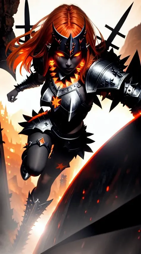 skinny young girl in hell, scary demonic armor with spikes, scary mask, orange hair, hyperrealistic body, hyperrealistic skin, hyperrealistic face, beautiful face, 4k, hdr, HQ, few lights, dynamic shadows, ambient occlusion