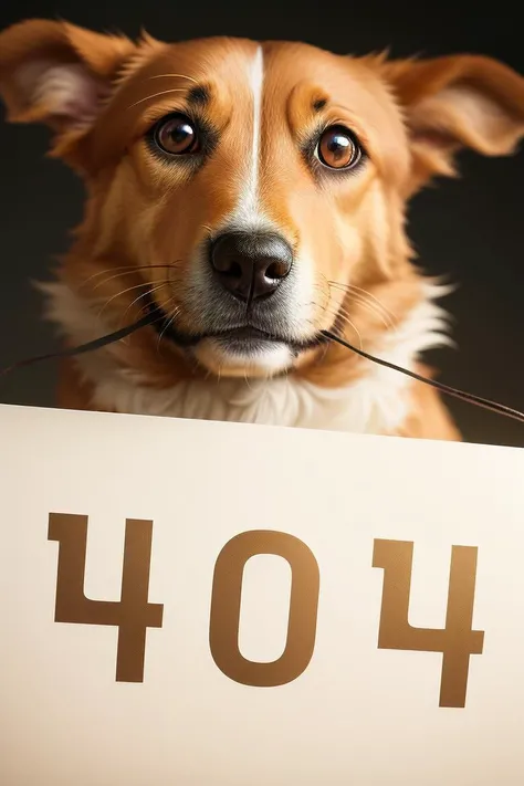 dog holding a piece of paper in its mouth that says 404, dumb dog, funny, mouth closed