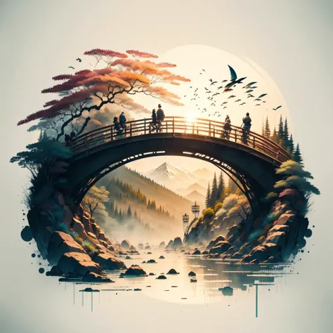 white background, ((masterpiece)), best quality, (8k, best quality, masterpiece:1.2), super detail, a bridge across the river, a fish on the bridge is catching fish, <lora:Ink scenery:1.0>