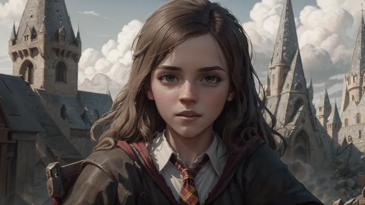 [[Hermione Granger]] ((portrayed by Emma Watson)), bushy brown hair and brown eyes, long hair, beanie hat, harry potter movies style, ((detailed facial features)), (((full body))), (hogwarts on background), ((((cinematic look)))), soothing tones,intricate scene, insane details, intricate details, hyperdetailed, low contrast, soft cinematic light, dim colors, exposure blend, hdr, faded, slate atmosphere, Studio Ghibli, ArtStation, CGSociety, Intricate, High Detail, Sharp focus, painting art by Jakub Rozalski and Greg Rutkowski