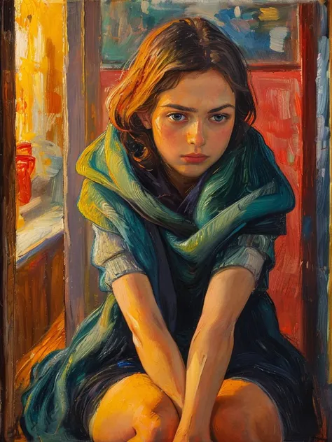 A woman with a messy bun, wearing a long-sleeved red turtleneck, sits on the floor with her legs bent and pulled close to her chest. Her arms are wrapped around her legs, hands clasped at her ankles. She gazes intensely at the camera with a slightly mischievous expression. Barefoot, against a grey tiled background