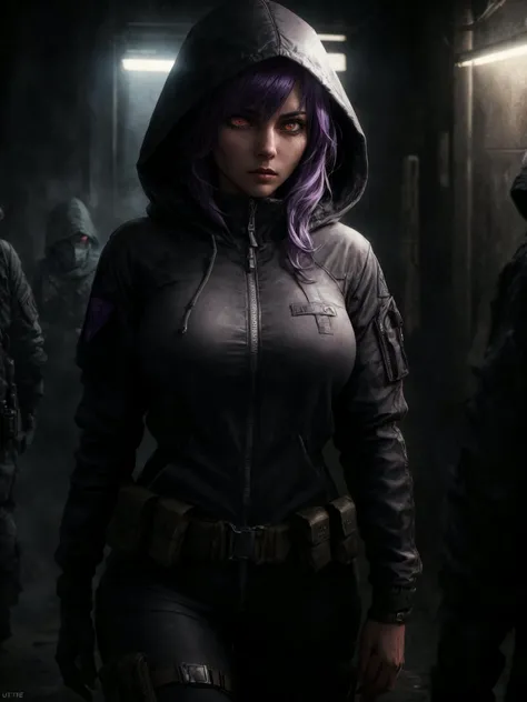 stealth operative, female, purple hair, glowing eyes, detailed hooded jacket, intricate tactical gear, focused expression, dark atmospheric setting, high detail, ultra high-resolution, photorealistic, complex composition, cinematic lighting, extremely detailed, masterpiece
<lora:add_detail:0.5>, <lora:epiCRealismHelper:1> <lora:breastsizeslideroffset:0.5> <lora:backlight_slider_v10:-1>