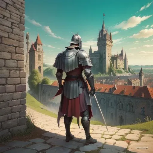 jhstyle style, back of medieval knight, standing, medieval castle in the back, color illustration, <lora:John_Higgins_style:1>