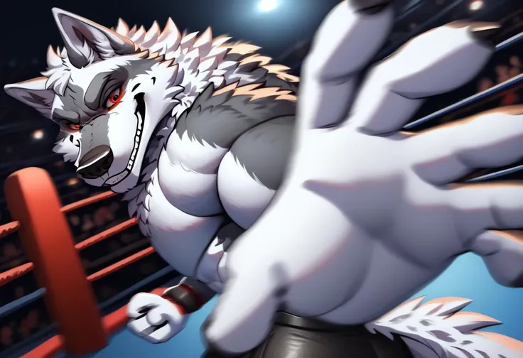 zPDXL, d3ath, male, muscular, nude, solo, red eyes, anthro wolf, looking seductively at viewer, grin, bedroom eyes, pants, fighting ring, athletic, motion blur, depth of field, pov boxing match, low angle view, view from bellow, 
<lora:Death_Puss_in_boots:1>  <lora:PepePunchMeme_XLPD:0.8> IncrsPunchMeme,  <lora:Furry Enhancer V2.84:1>