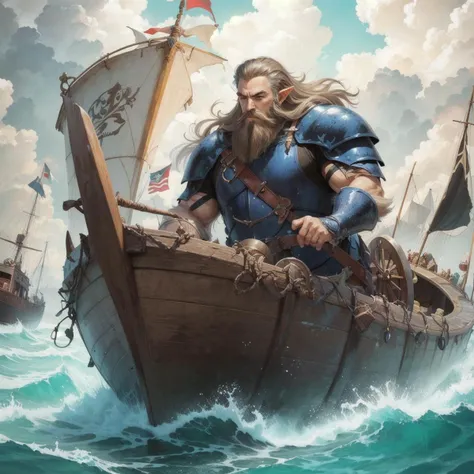 hit_yon style, beard, boat, hit_yon, holding shield, long hair, pointy ears, teeth, color illustration, <lora:Hitoshi_Yoneda_style:1>