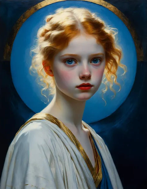 Minimalist painting of an albino teen girl in a white and gold Antient Greek toga by Albert Lynch, Abbott Handerson Thayer, highly detail, best quality, sci-fi, standing at the center of a black hole, innocent, serene, white skin, pale skin, blue eyes, long flowing red hair, ultra detailed, romantic, Rembrandt lighting