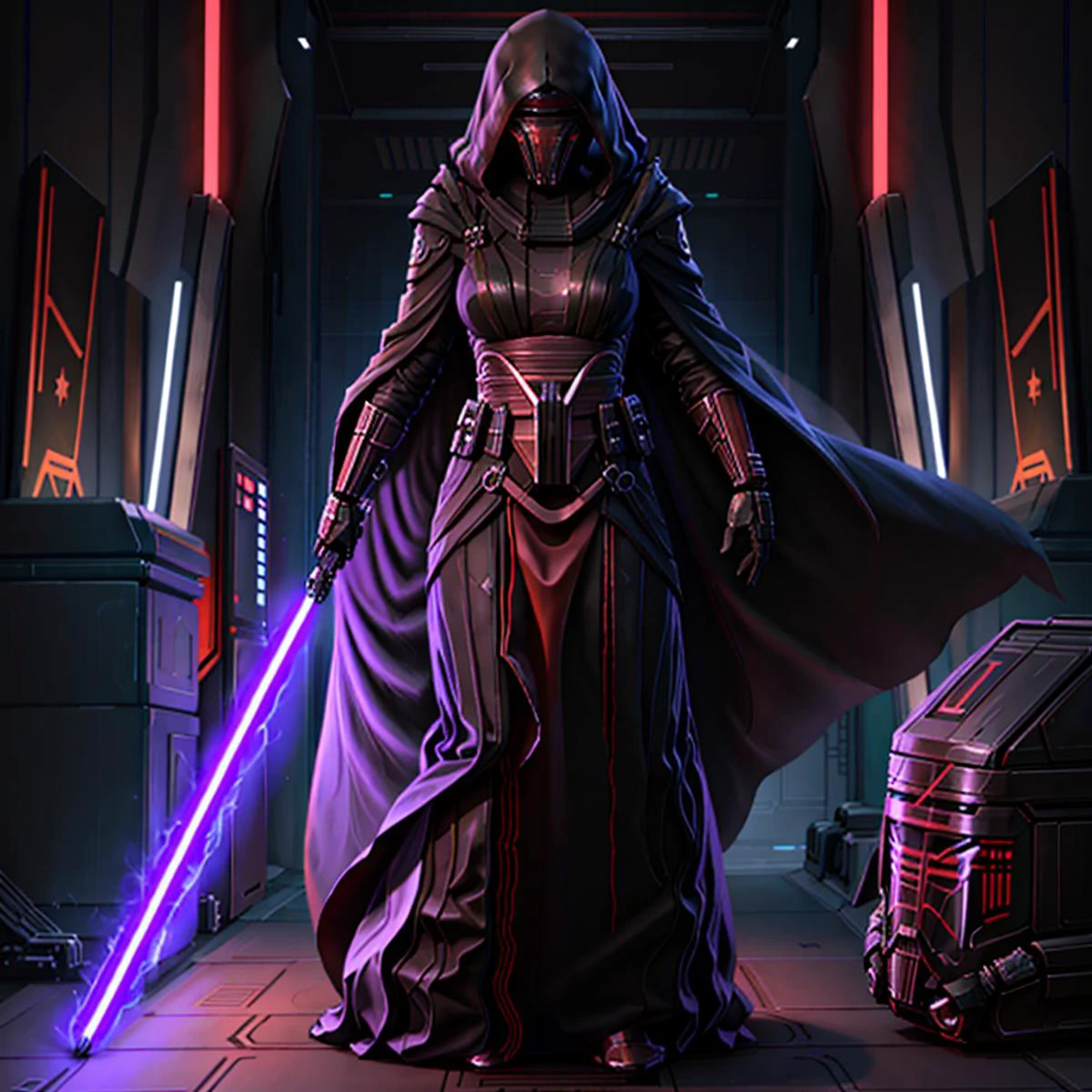1girl, cowboy shot, Revan Raiment, black robes, star wars, standing, mask,recruitment poster,
detailed background, lightsaber, unreal engine 5, light, elegant, octane, artstation, concept art, sharp focus, cinematic lighting, art by Artgerm and Greg Rutkowski and Alphonse Mucha <lora:Clothes - Revan:0.80> <lora:Concept - UnlimitedBladeWorksv2:0.80> <lora:UnlimitedBladeWorks1.6:1>