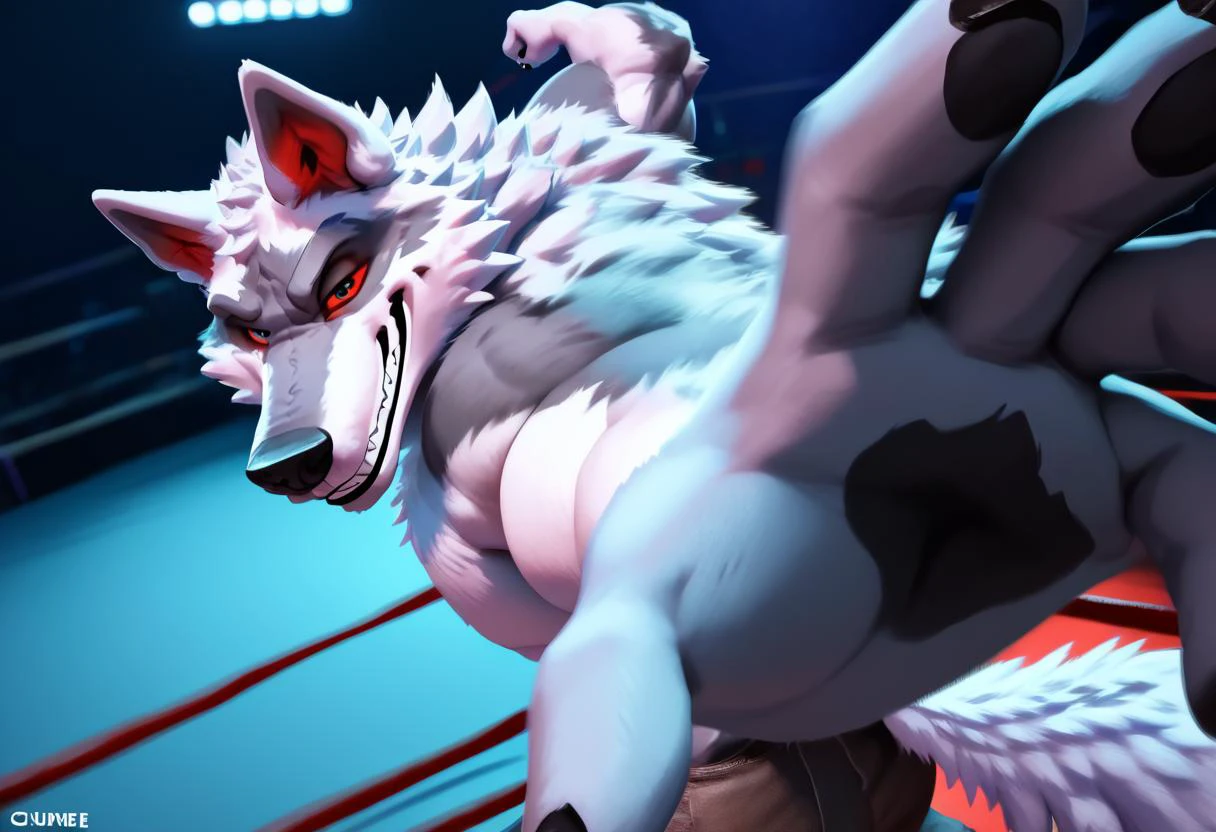 zPDXL, d3ath, male, muscular, nude, solo, red eyes, anthro wolf, looking seductively at viewer, grin, bedroom eyes, pants, fighting ring, athletic, motion blur, depth of field, pov boxing match, low angle view,
<lora:Death_Puss_in_boots:1> <lora:PepePunchMeme_XLPD:0.9> IncrsPunchMeme, <lora:chunie-Pony-XL-v6:0.5>