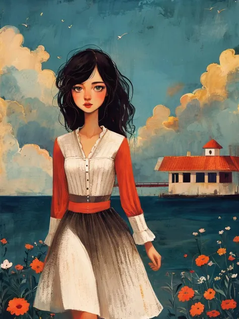 masterpiece,best quality, upper body, a skinny girl aged 20yo, (cute_freckles:0.4), perfect eyes, pier, lewd, Kameez, standing on one leg,
, <lora:tbh143-:0.8> illustration,style of Alice Provensen