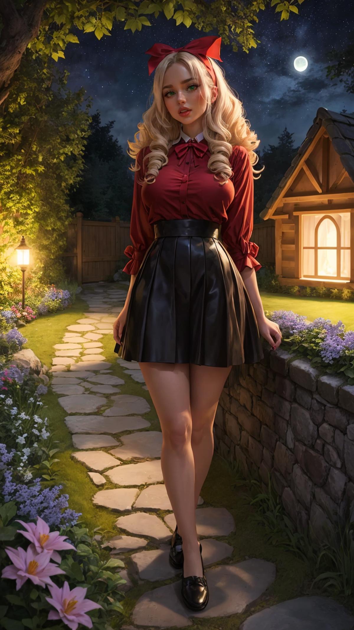 A woman in a red shirt and black skirt standing on a stone path - SeaArt AI