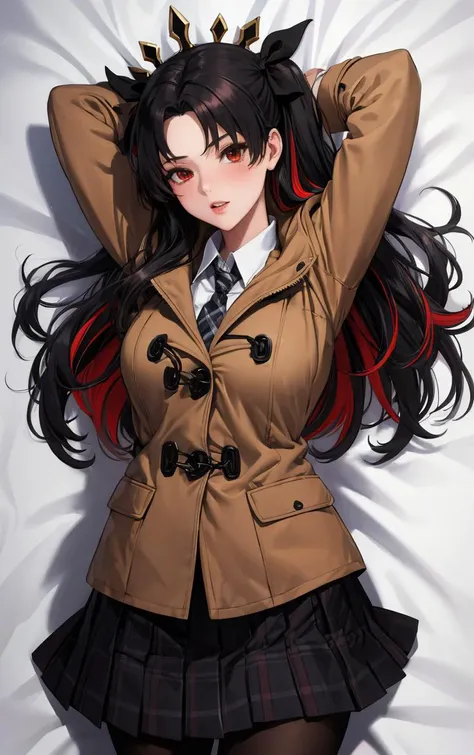 masterpiece, high quality, best quality, high resolution, 4k, high definition, beautiful lighting,highly detailed face, well drawn hands, well drawn legs,well drawn feet,well drawn eyes,1girl, mai, (((black hair))), long hair, blue eyes,rabbit pink hair clip,brown long coat,brown sweater, red tie, (((blue pencil skirt with buttons))), black panty hose ,white muffler around neck,standing, hand mittens,face close up,devilish smile,looking up at the viewer, red lips,closed mouth, snowball in hand, snow background,