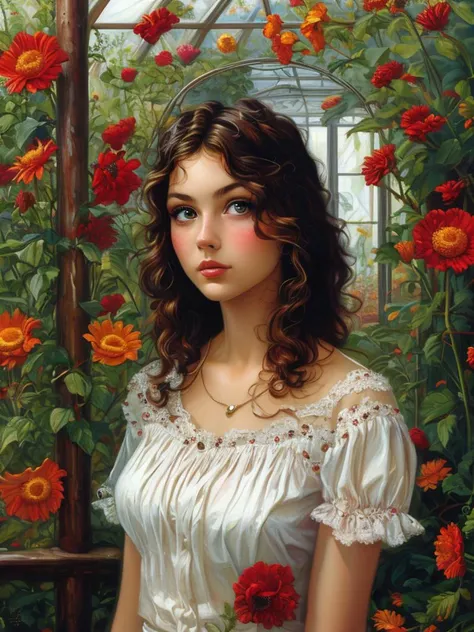 masterpiece,best quality, upper body, a skinny girl aged 20yo, (cute_freckles:0.4), perfect eyes, greenhouse, lewd, T-shirt, top-down bottom-up,
<lora:tbh129-:0.8> illustration , oil painting , style of Michael Cheval