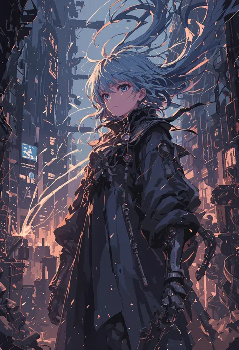 score_9, score_8_up, score_7_up, score_6_up, <lora:d3p1x3lXLP:1>, d3p1x3l, pixel art, 1girl, intricate pixel shading, soft lighting reflected on her face, dynamic pose with flowing hair, vibrant neon color palette, detailed pixel texture on the characterâs clothing, face focus, futuristic warrior, sleek black and silver armor with neon blue highlights, hovering in the air, jet thrusters on her back, holographic HUD display in the background, cybernetic enhancements visible on her arms and legs, calm yet determined expression, glowing blue eyes reflecting digital code, futuristic cityscape in the distance with tall skyscrapers and floating vehicles, neon-lit streets below, rain pouring down, lightning flashing across the sky, atmospheric sci-fi city with a high-tech vibe, <lora:Abstract:0.5>