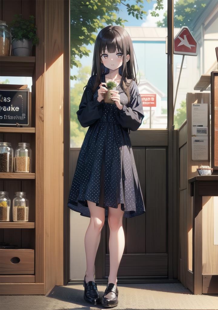 Anime girl standing in front of a door holding a cup - SeaArt AI