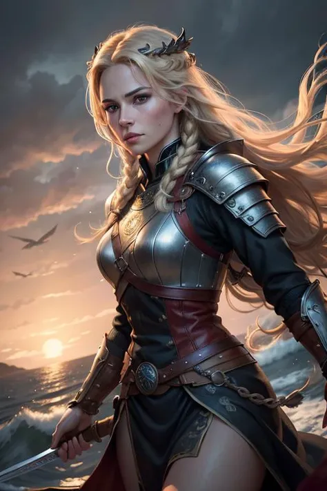 highres, extremely detailed, 8k photo, best quality, beautiful lighting, intricate details, realistic, detailed face and eyes, Norse battle woman, face focus, long flowing blond braids waving in a strong wind, holding a long sword, high waves, storm, on the bow of a large Viking ship, full lips photorealistic, photo, masterpiece, realistic, realism, photorealism, trending on Artstation 8k HD high definition detailed realistic, detailed, skin texture, hyper detailed, realistic skin texture, armature, best quality, ultra high res, high resolution, detailed, raw photo, sharp re, rich colors hyper realistic lifelike texture dramatic lighting unrealengine trending on artstation