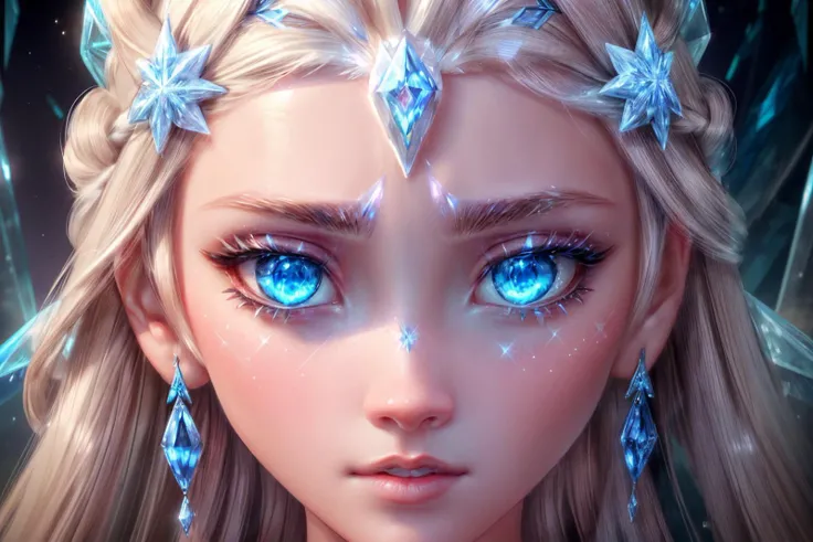 1girl, (close-up face:1.2), (face portrait:1.2), shining blue eyes, glowing crystals, ice queen, luxury glowing earrings, glowing blue lights, bright glow, reflections, glowing ice shards, (luxury short dress:1.2), long hair, intricate details, best quality, mastepiece, higly detailed, 8K, HDR, elsa of arendelle, <lora:add_detail:1>, <lora:elsa_of_arendelle_v1:1>