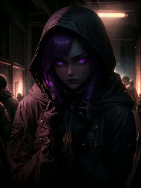 playing with hair, hands up,
stealth operative, female, purple hair, glowing eyes, detailed hooded jacket, intricate tactical gear, focused expression, dark atmospheric setting, high detail, ultra high-resolution, photorealistic, complex composition, cinematic lighting, extremely detailed, masterpiece
<lora:add_detail:0.5>, <lora:epiCRealismHelper:1> <lora:breastsizeslideroffset:0.5> <lora:backlight_slider_v10:-1> <lora:G_G2.0:0.6> Goth girl, Goth girl 1girl