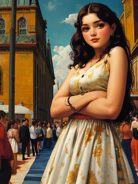 masterpiece,best quality, upper body,  a skinny girl aged 20yo, (cute_freckles:0.4), perfect eyes, church, lewd, Boubou, arms up,
 <lora:tbh145-:0.8> illustration,style of Fernando Botero