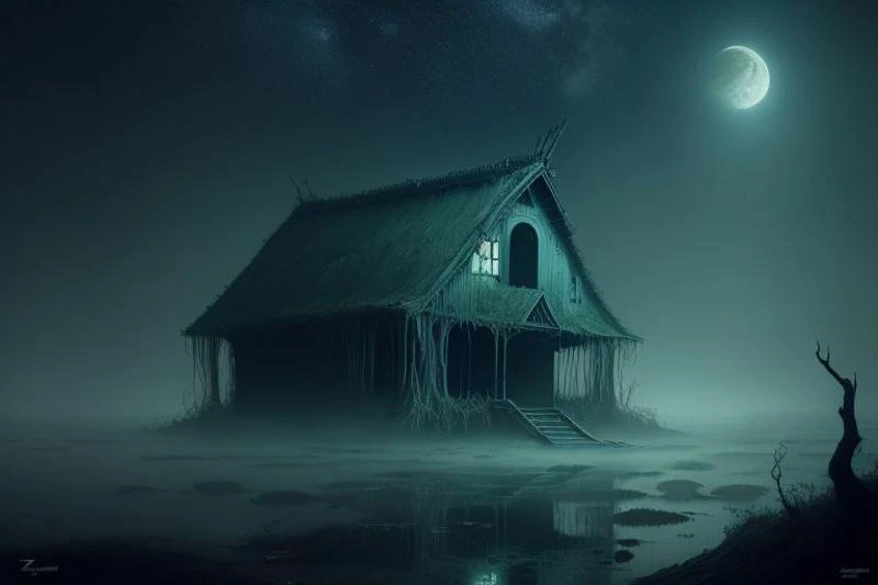 swamp, forest, creepy ramshackle hut, moon, mysticism, horror, fog, stream, stars, milky way, cosmos,
by Van Gogh,by Zdzislaw Beksinski,
8k uhd,best quality,masterpiece,